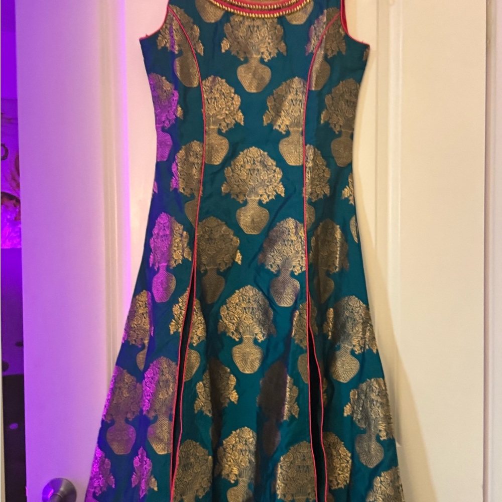 Used For Kids Elegant Teal and Gold Brocade Bollywood Dress